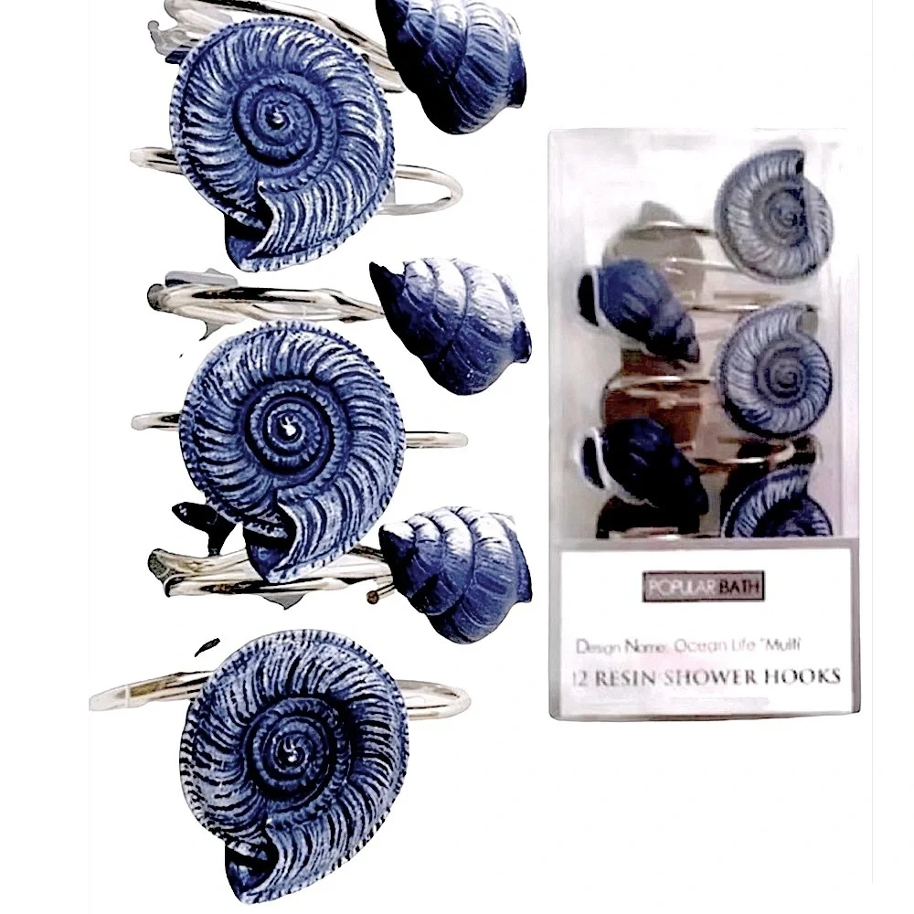 Coastal Ocean Seashell Shower Hooks Blue White Beachy Decor Set of 12 - Picture 1 of 11